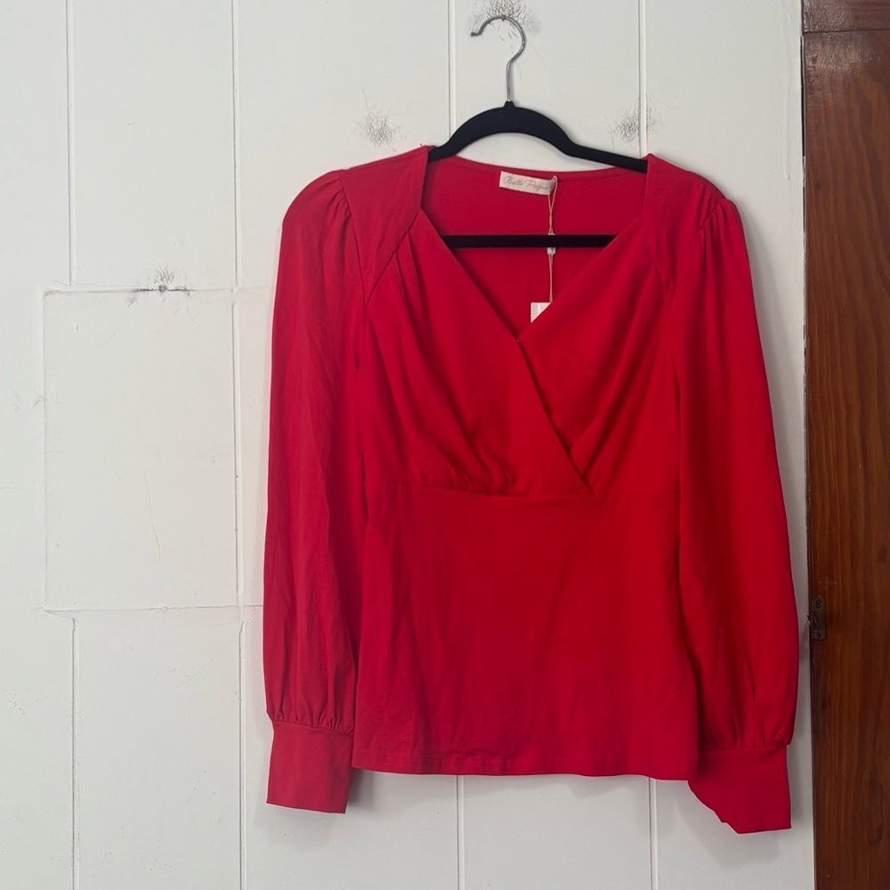 Belle‎ Poque Red Retro Fitted Wrap Blouse Top NWT Large